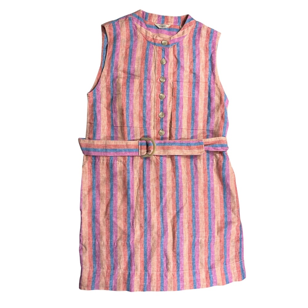 Faherty 100% Linen Striped Belted Shift Dress XS Coral Pink Blue Coastal